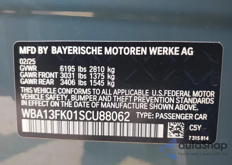 2025 BMW 550E xDrive from USA, damaged, VIN WBA13FK01SCU88062